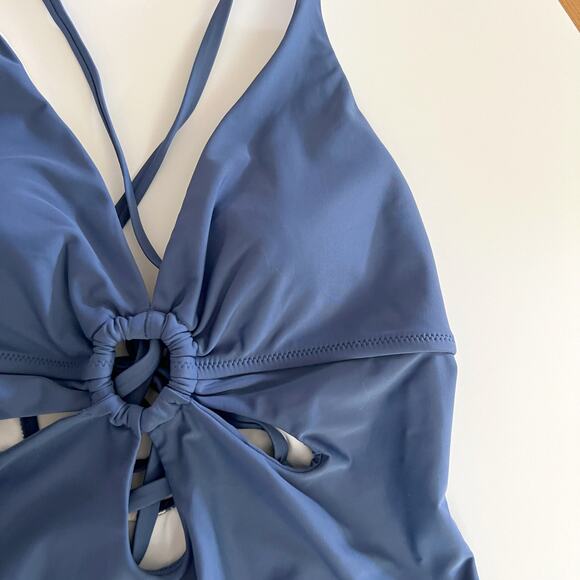 [Sociala] Blue One Piece Cutout O-Ring Tie Back Swimsuit V-Neck Size Large L - Picture 6 of 10